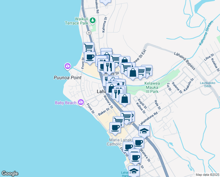 map of restaurants, bars, coffee shops, grocery stores, and more near 1155 Limahana Circle in Lahaina