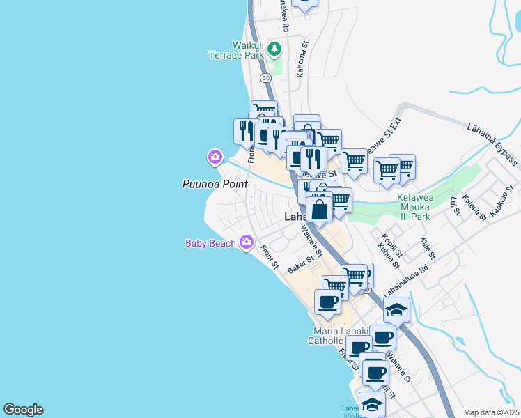 map of restaurants, bars, coffee shops, grocery stores, and more near 643 Hoe Kawele Lane in Lahaina