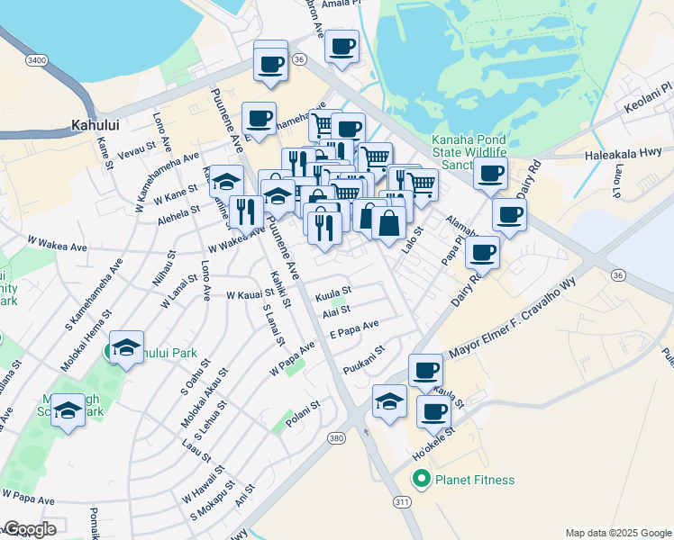 map of restaurants, bars, coffee shops, grocery stores, and more near 69 East Kauai Street in Kahului