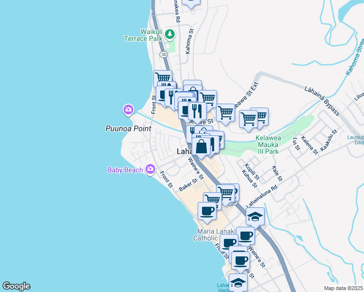 map of restaurants, bars, coffee shops, grocery stores, and more near Kahoma Street in Lahaina