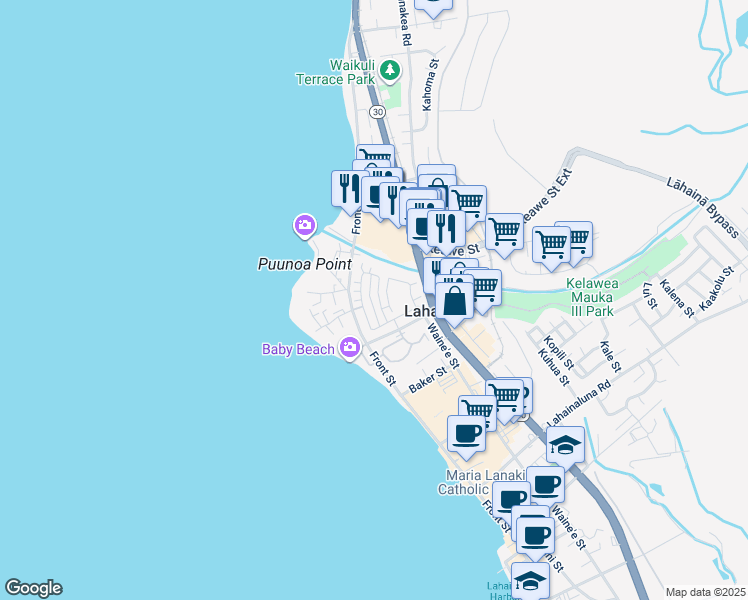map of restaurants, bars, coffee shops, grocery stores, and more near 608 Hoe Kawele Lane in Lahaina