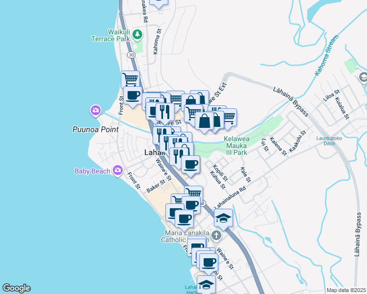 map of restaurants, bars, coffee shops, grocery stores, and more near 1660 Limahana Circle in Lahaina