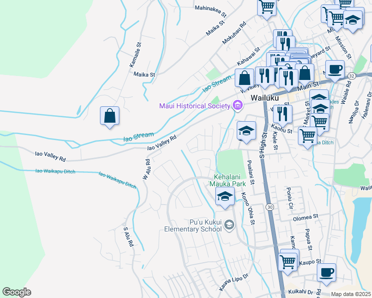 map of restaurants, bars, coffee shops, grocery stores, and more near 109 Hoolaau Street in Wailuku
