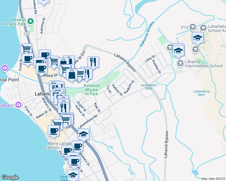 map of restaurants, bars, coffee shops, grocery stores, and more near 861 Kalena Street in Lahaina