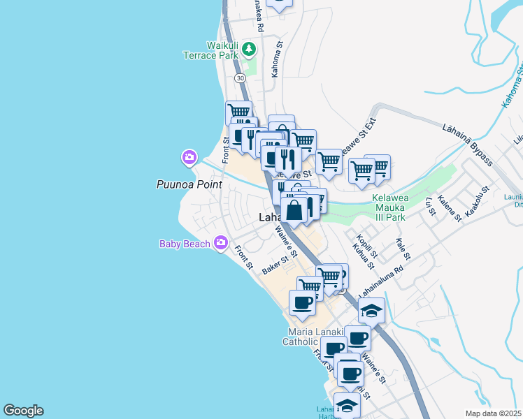 map of restaurants, bars, coffee shops, grocery stores, and more near 257 Kahoma Village Loop in Lahaina
