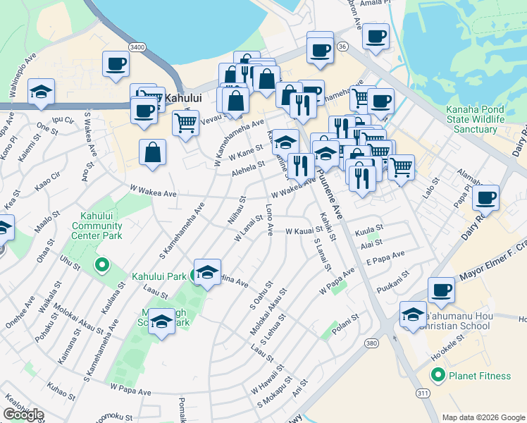 map of restaurants, bars, coffee shops, grocery stores, and more near 162 West Lanai Street in Kahului