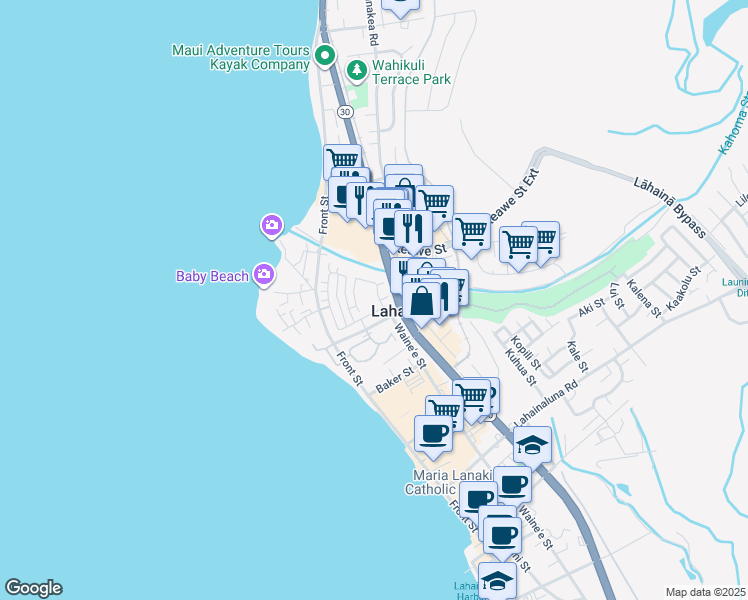 map of restaurants, bars, coffee shops, grocery stores, and more near 257 Kahoma Village Loop in Lahaina