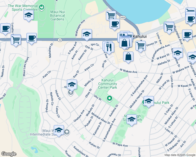 map of restaurants, bars, coffee shops, grocery stores, and more near 463 Maalo Street in Kahului