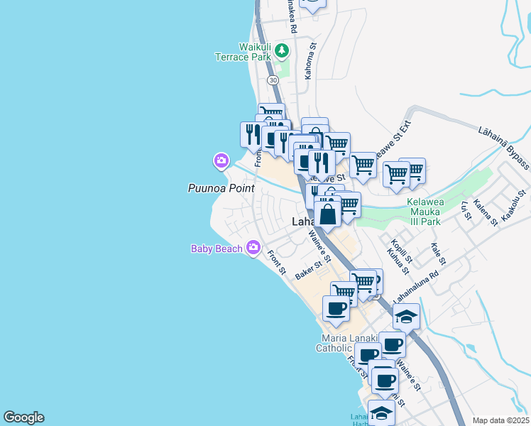 map of restaurants, bars, coffee shops, grocery stores, and more near 637 Hoe Kawele Lane in Lahaina