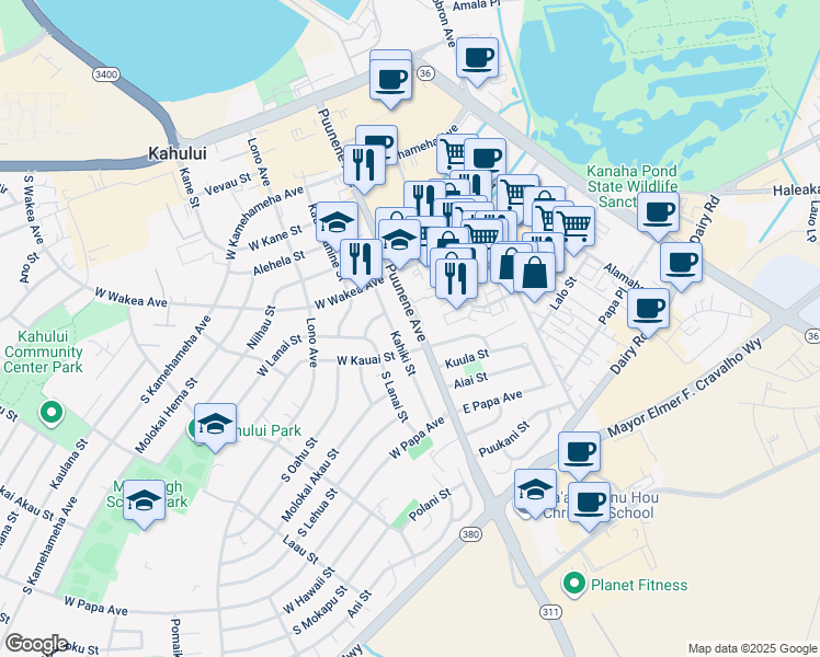 map of restaurants, bars, coffee shops, grocery stores, and more near 330 Puunene Avenue in Kahului
