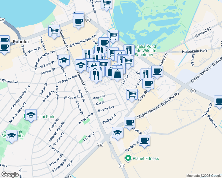 map of restaurants, bars, coffee shops, grocery stores, and more near 130 Kuhuoi Street in Kahului