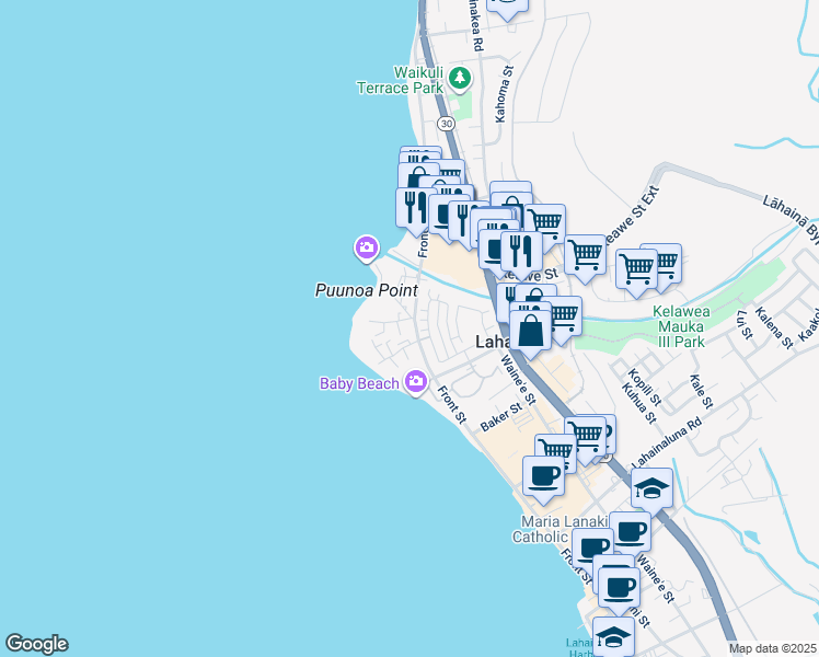 map of restaurants, bars, coffee shops, grocery stores, and more near 66 Ala Moana Street in Lahaina