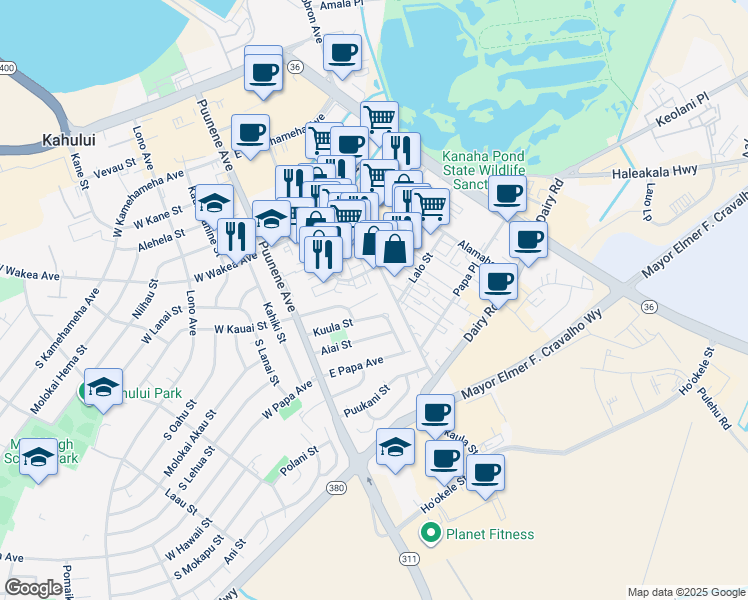 map of restaurants, bars, coffee shops, grocery stores, and more near 130 Kuhuoi Street in Kahului