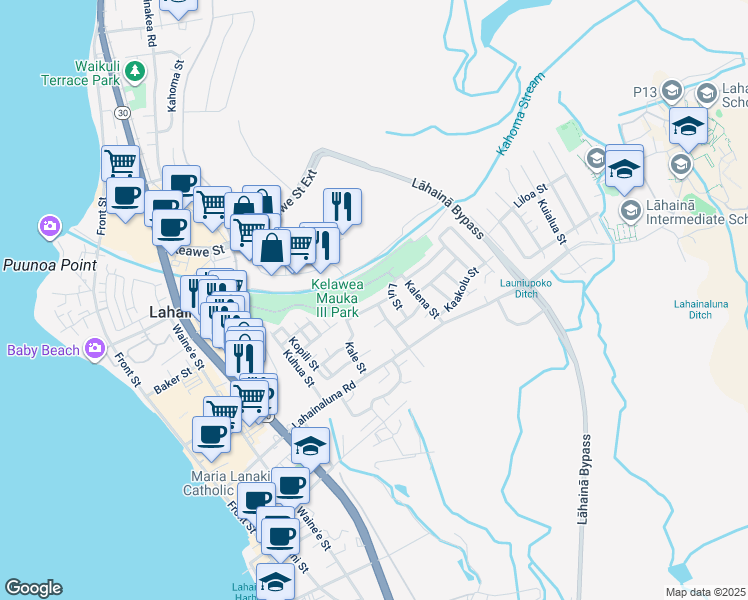 map of restaurants, bars, coffee shops, grocery stores, and more near 499 Aki Street in Lahaina