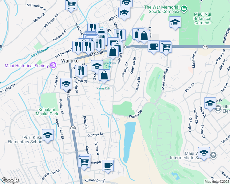 map of restaurants, bars, coffee shops, grocery stores, and more near 338A Naniloa Drive in Wailuku