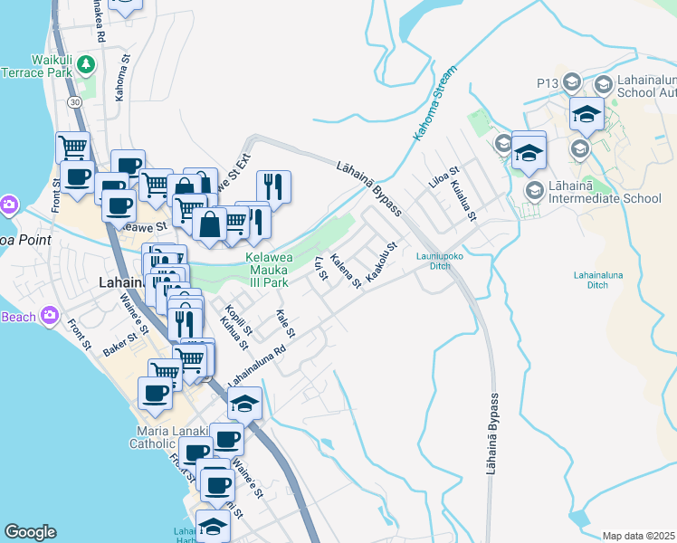 map of restaurants, bars, coffee shops, grocery stores, and more near 857 Kalena Street in Lahaina