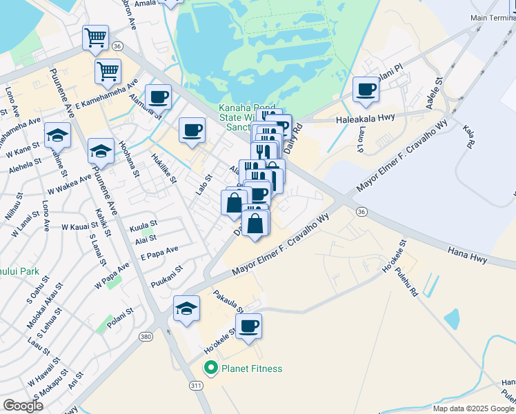 map of restaurants, bars, coffee shops, grocery stores, and more near Dairy Road in Kahului