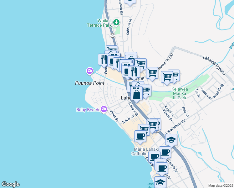 map of restaurants, bars, coffee shops, grocery stores, and more near 214 Kahoma Village Loop in Lahaina