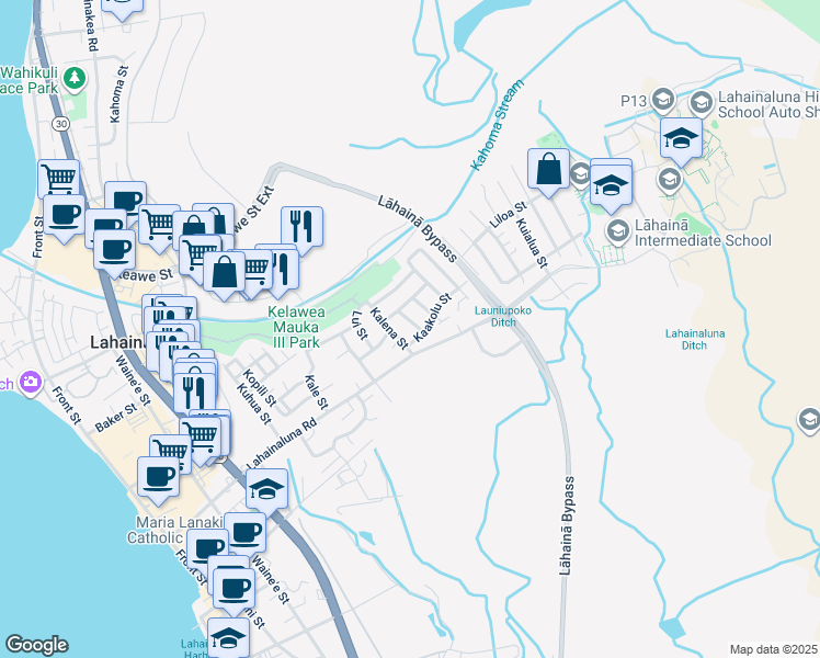 map of restaurants, bars, coffee shops, grocery stores, and more near 833 Kaakepa Street in Lahaina