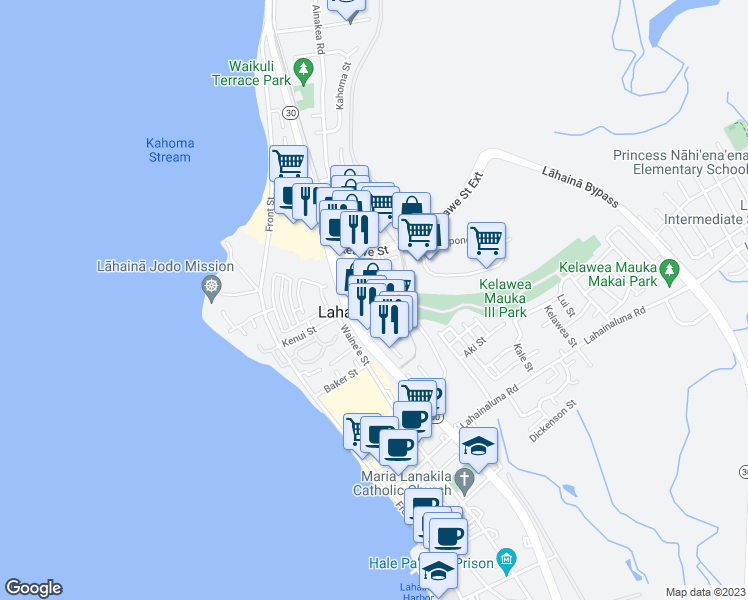 map of restaurants, bars, coffee shops, grocery stores, and more near 1870 Limahana Circle in Lahaina