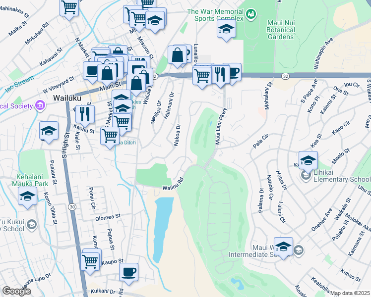 map of restaurants, bars, coffee shops, grocery stores, and more near 156 Keoneloa Street in Wailuku