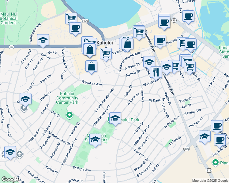 map of restaurants, bars, coffee shops, grocery stores, and more near 317 South Kamehameha Avenue in Kahului