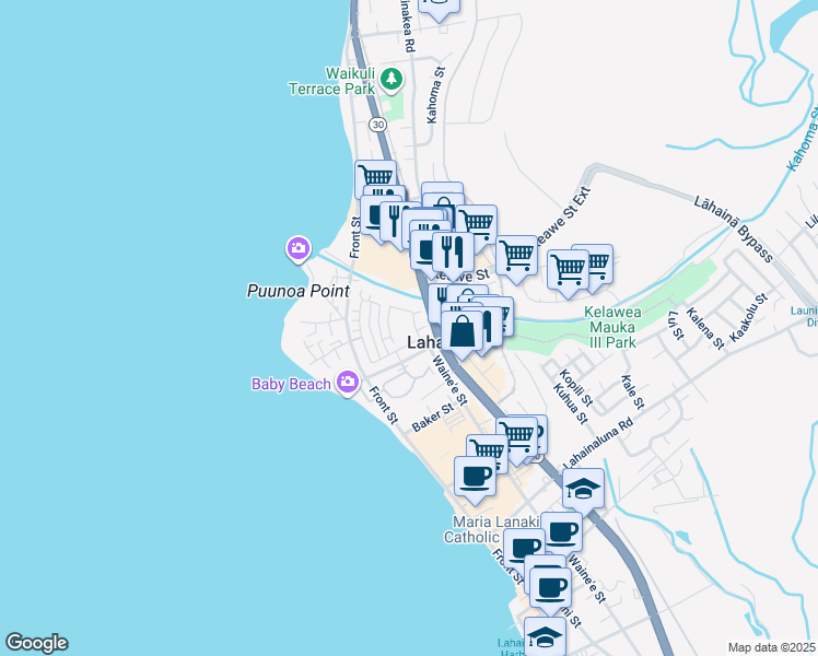 map of restaurants, bars, coffee shops, grocery stores, and more near 257 Kahoma Village Loop in Lahaina