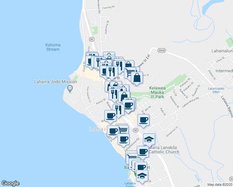 map of restaurants, bars, coffee shops, grocery stores, and more near in Lahaina