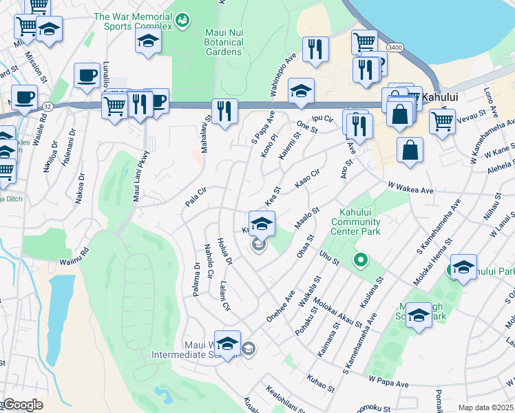 map of restaurants, bars, coffee shops, grocery stores, and more near 616 Kea Street in Kahului