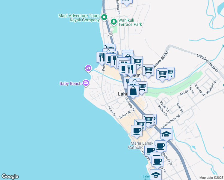 map of restaurants, bars, coffee shops, grocery stores, and more near 525 Kahoma Village Loop in Lahaina