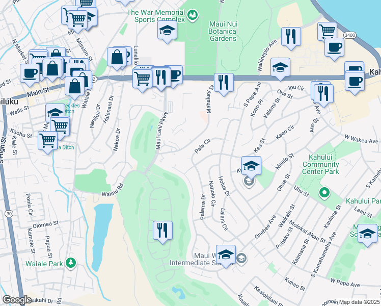 map of restaurants, bars, coffee shops, grocery stores, and more near 806 Pala Circle in Kahului