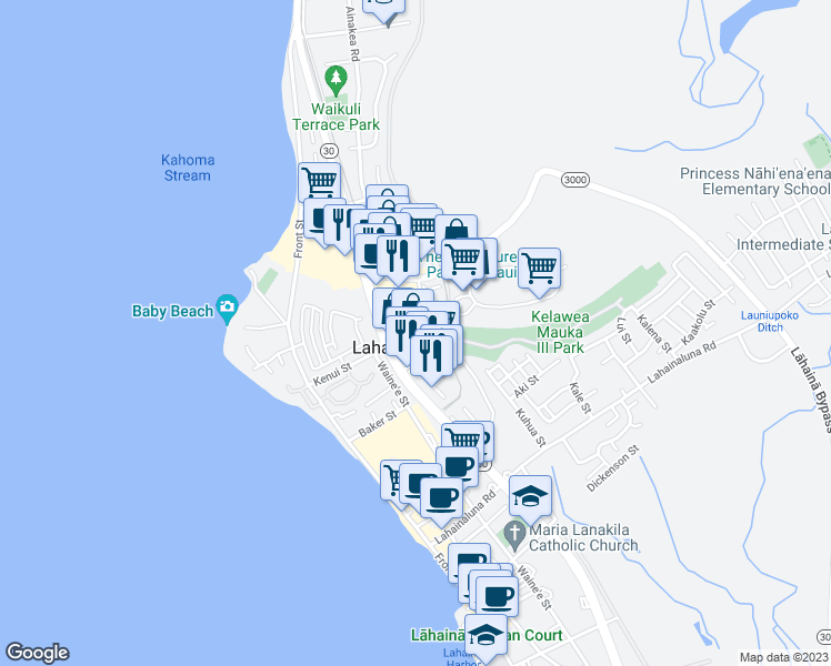 map of restaurants, bars, coffee shops, grocery stores, and more near 1500 Limahana Place in Lahaina