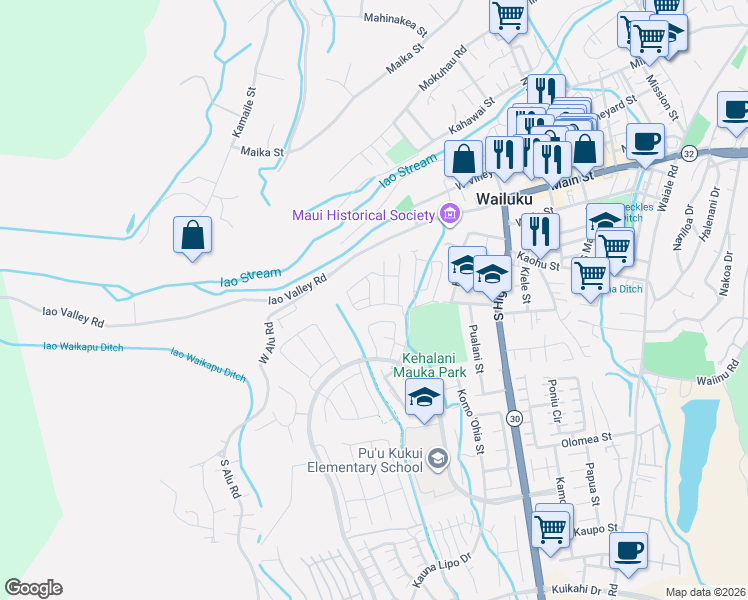 map of restaurants, bars, coffee shops, grocery stores, and more near 84 Hoolaau Street in Wailuku
