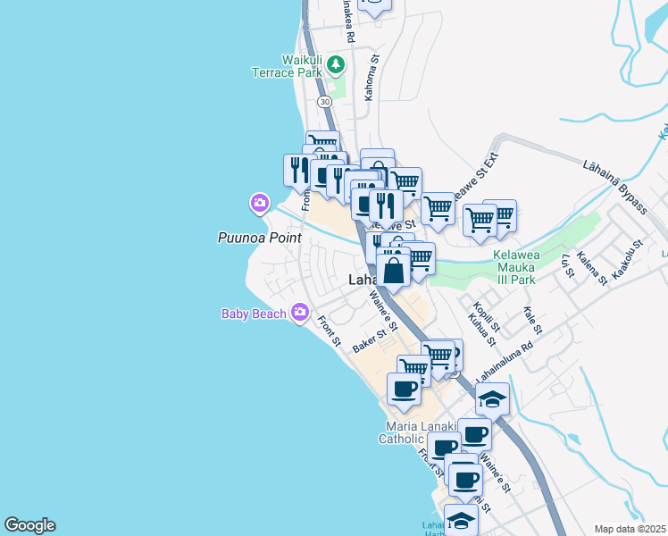 map of restaurants, bars, coffee shops, grocery stores, and more near 298 Kahoma Village Loop in Lahaina