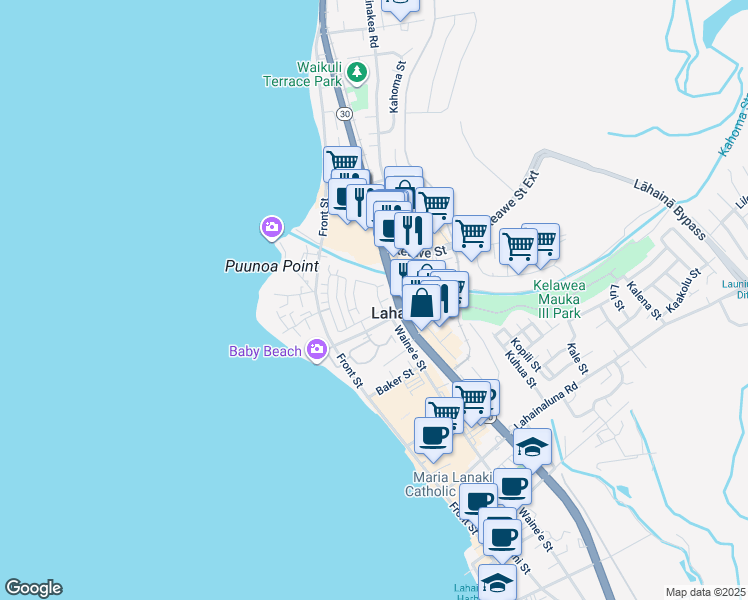 map of restaurants, bars, coffee shops, grocery stores, and more near 257 Kahoma Village Loop in Lahaina