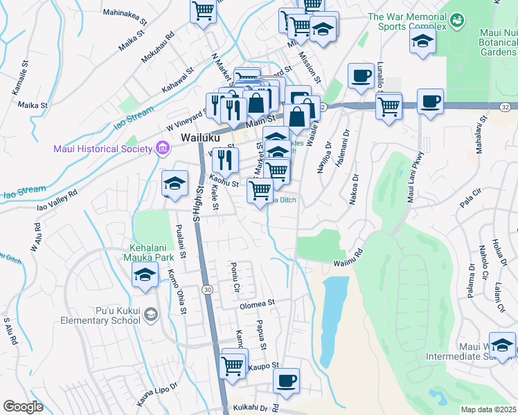 map of restaurants, bars, coffee shops, grocery stores, and more near 1743 Kalawi Place in Wailuku