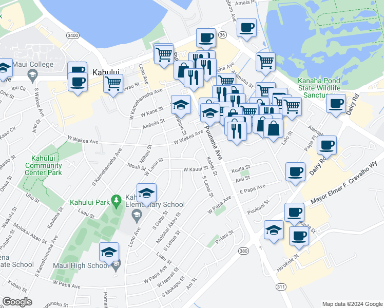 map of restaurants, bars, coffee shops, grocery stores, and more near 64 Molokini Street in Kahului