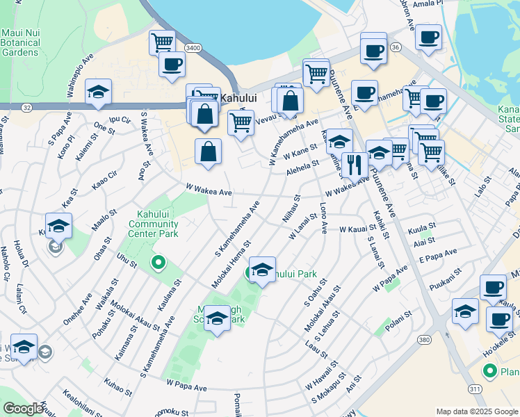 map of restaurants, bars, coffee shops, grocery stores, and more near 317 South Kamehameha Avenue in Kahului