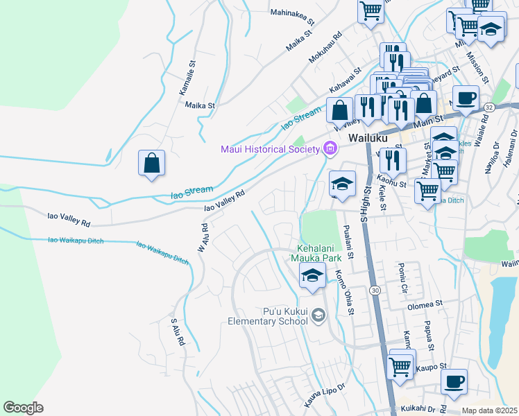 map of restaurants, bars, coffee shops, grocery stores, and more near 113 Hoolaau Street in Wailuku