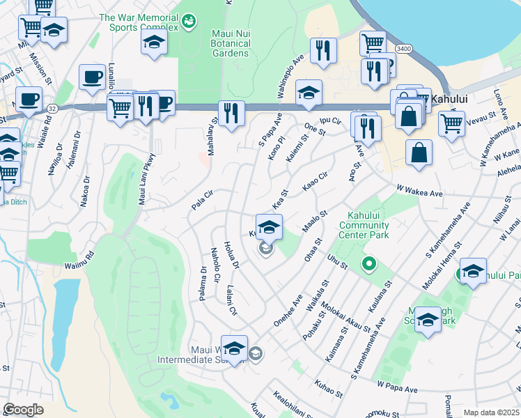 map of restaurants, bars, coffee shops, grocery stores, and more near 622 Kea St in Kahului