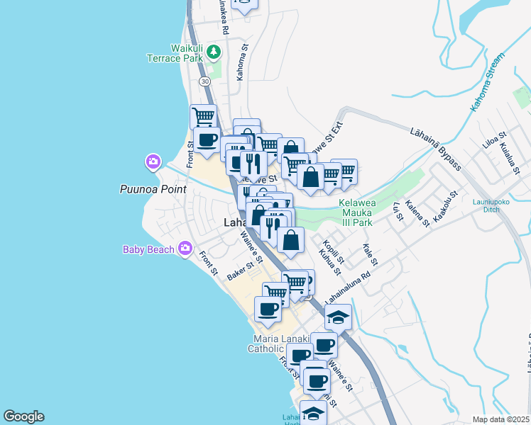 map of restaurants, bars, coffee shops, grocery stores, and more near 1500 Limahana Place in Lahaina