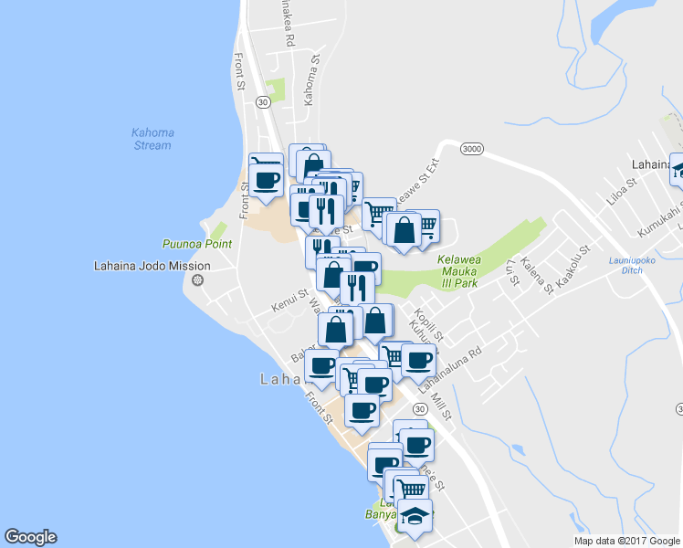 map of restaurants, bars, coffee shops, grocery stores, and more near 1660 Limahana Circle in Lahaina