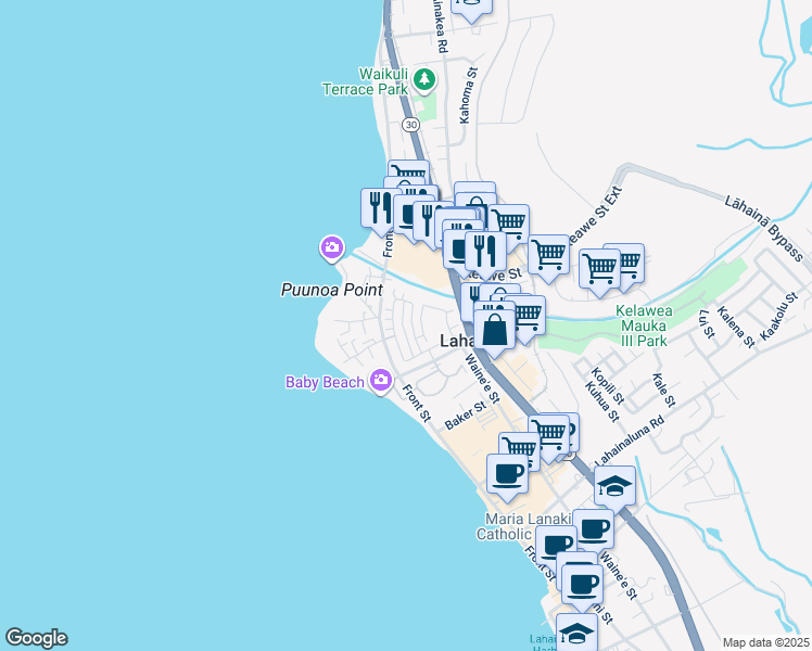 map of restaurants, bars, coffee shops, grocery stores, and more near 626 Hoe Kawele Lane in Lahaina