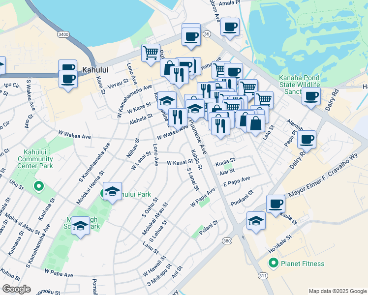 map of restaurants, bars, coffee shops, grocery stores, and more near 51 Molokini Street in Kahului