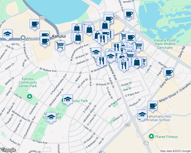map of restaurants, bars, coffee shops, grocery stores, and more near 300 Kaulawahine Street in Kahului