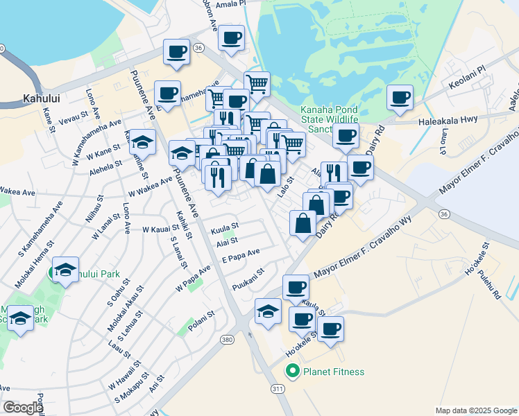 map of restaurants, bars, coffee shops, grocery stores, and more near 144 Kuhuoi Street in Kahului