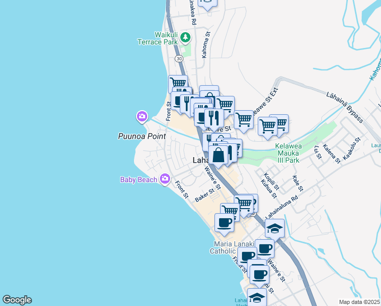 map of restaurants, bars, coffee shops, grocery stores, and more near 263 Kahoma Village Loop in Lahaina