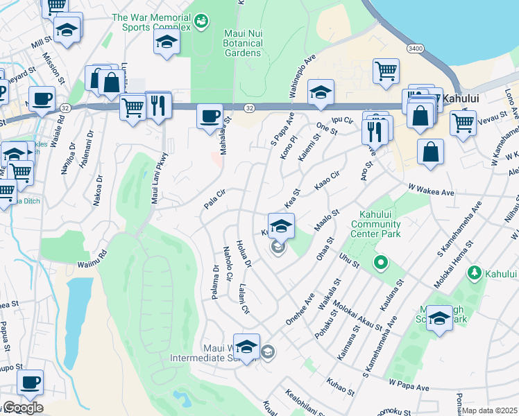 map of restaurants, bars, coffee shops, grocery stores, and more near 225 South Papa Avenue in Kahului