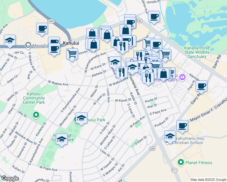 map of restaurants, bars, coffee shops, grocery stores, and more near 300 Kaulawahine Street in Kahului