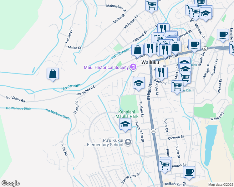 map of restaurants, bars, coffee shops, grocery stores, and more near 23 Kakawahie Place in Wailuku